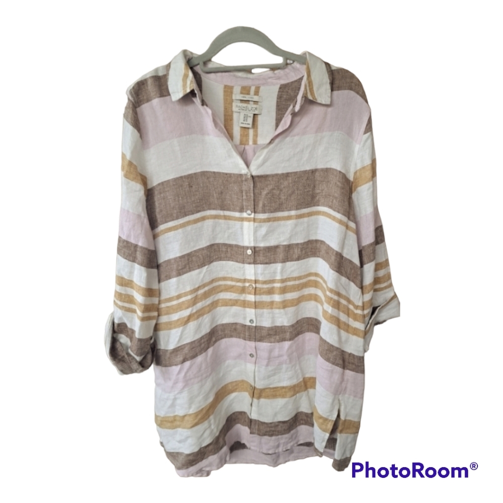 Rachel Zoe Linen Button Down Tunic Shirt Blouse Sz XL brown, pink, tan